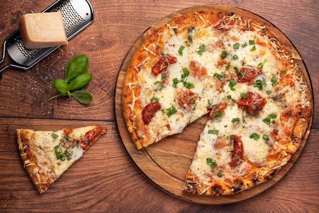 Food photography of pizza with mozzarella and parmesan