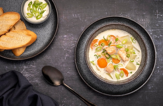 Food photography of salmon soup