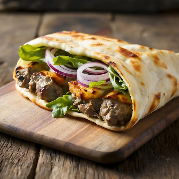 Photo food photography of shawarma on wooden board background