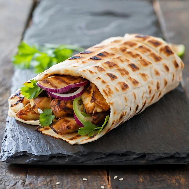 Photo food photography of shawarma on wooden board background