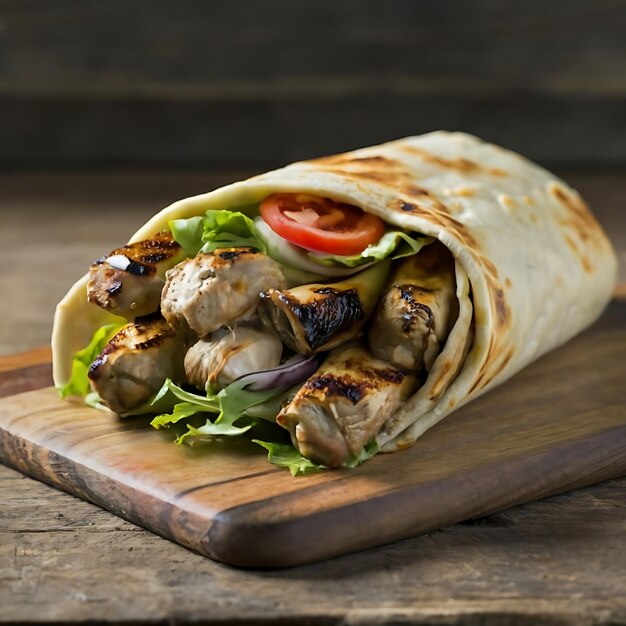 Photo food photography of shawarma on wooden board background