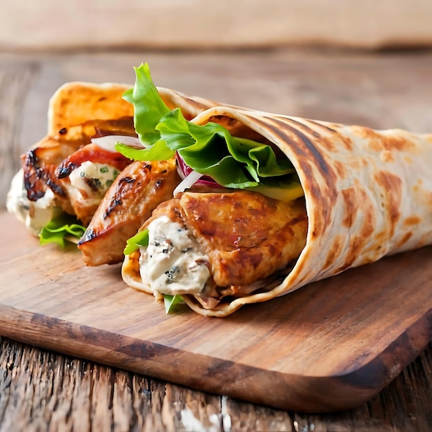 Photo food photography of shawarma on wooden board background