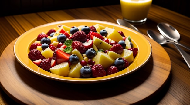 Food photography shot of fruit salad in a cozy atmosphere