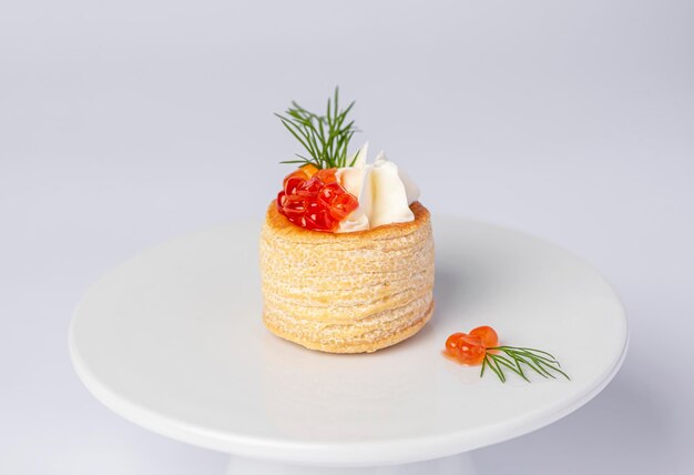 Food photography of starter with caviar and cream