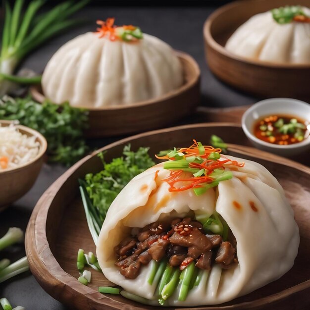 Food photography of steamed bun bao duck meat spring onion chinese dough dumpling asian stuffed meat