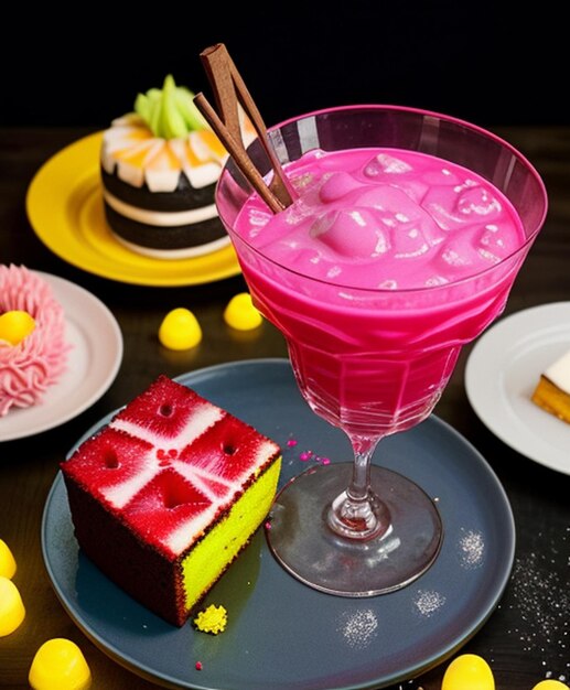 사진 음식 사진 분홍색 액체 한 잔 과 케이크 한 접시 를 가진 테이블