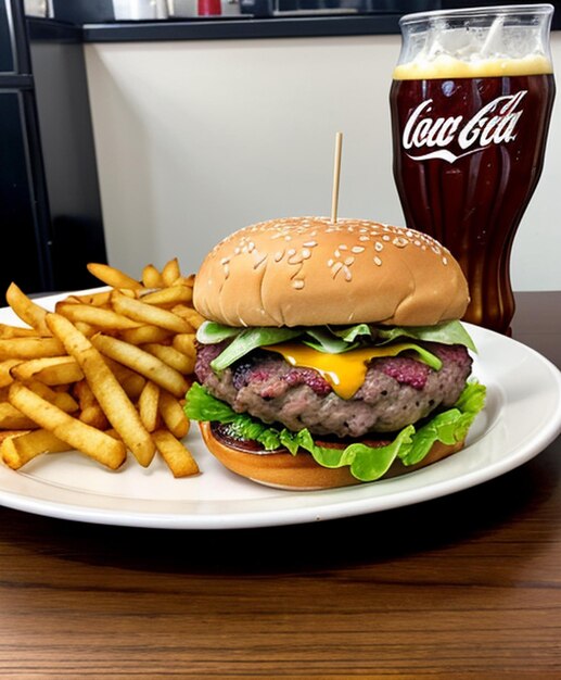 Food Photos a hamburger and fries on a plate with a drink on the side