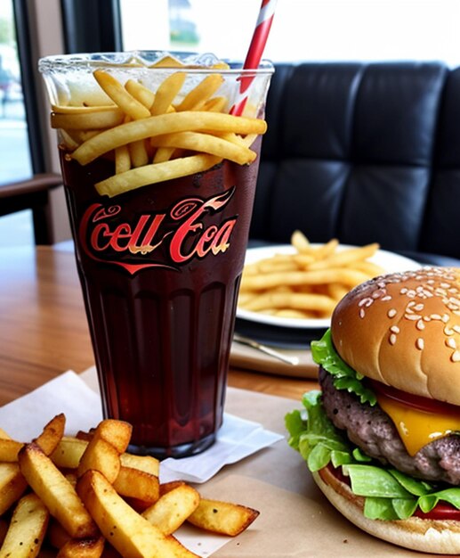 Foto foto di cibo un hamburger e patatine su un tavolo con una coca in un bicchiere