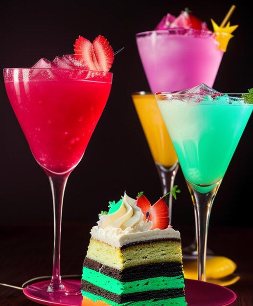 Food Photos a slice of cake and two glasses of drinks on a table