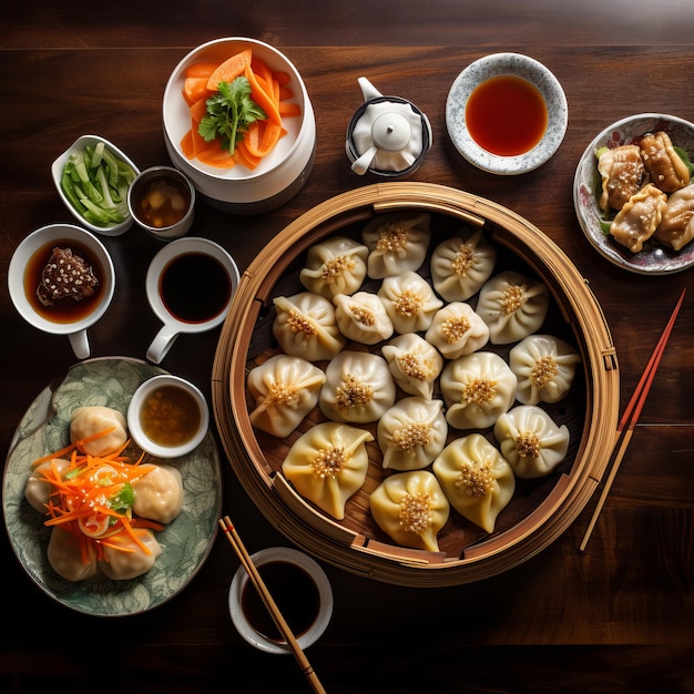 접시 에 있는 음식 중국 의 전통적 인 아침 식사 는 모모 와 소스 를 특징 으로 한다