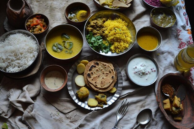 Photo food plate on white background maharashtrian thali with chapati rice dal pannir subjji potato