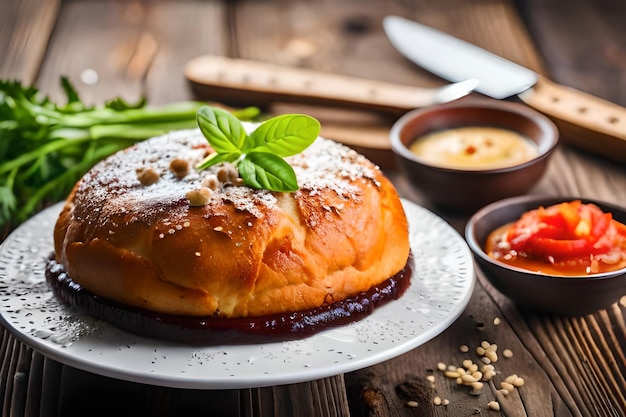 food on a plate with a spoon and a bowl of food on the table.