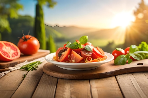 food on a plate with a sunset in the background