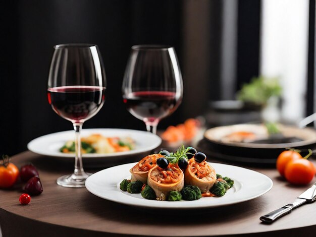 food on plate with wine glass on table closeup photo in open place digital ai