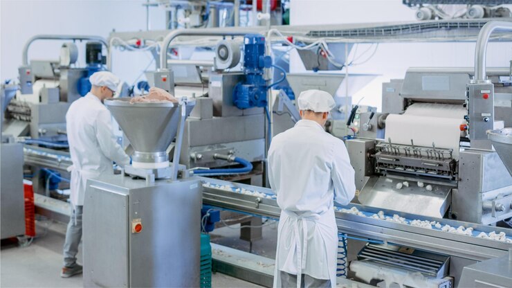A food processing factory with a worker in a white hat and white uniform