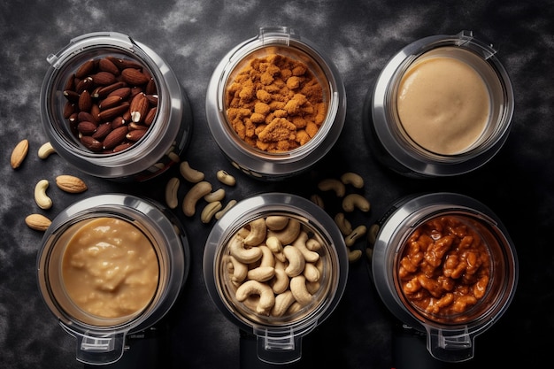 A food processor with different types of peanut butter