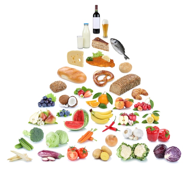 Photo food pyramid healthy eating fruits and vegetables fruit collage isolated