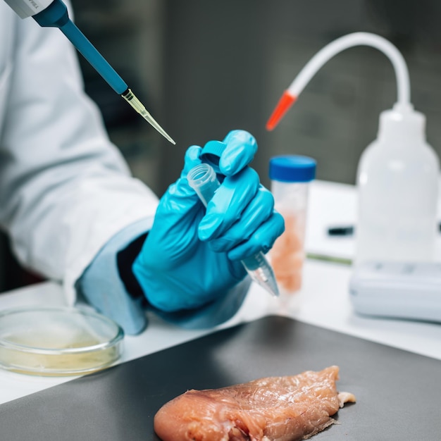 Food Quality Assessment Microbiologist Testing Poultry Sample for the Presence of Pathogenic Bacteria