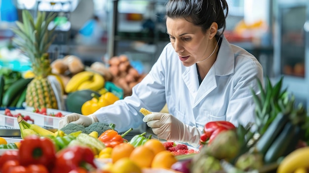 Food quality control expert inspecting specimens of groceries in the laboratory