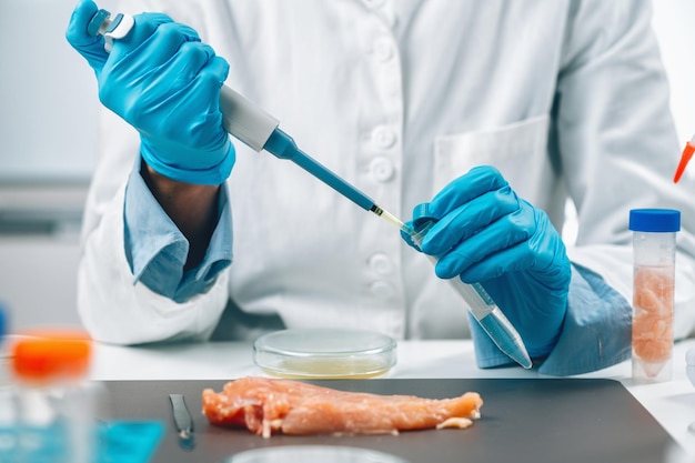 Food Safety and Quality Assessment Microbiologist Testing Poultry Sample for the Presence of Salmonella and EColi