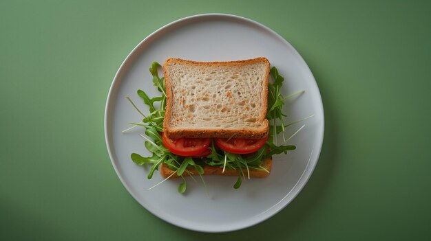 Food sandwich with tomatoes lettuce sprouts or microgreen on a plate top view