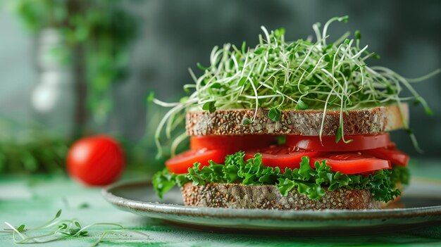 Food sandwich with tomatoes lettuce sprouts or mocrogreen on a plate