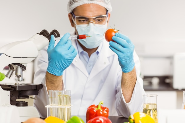 Foto scienziato dell'alimento che inietta un pomodoro