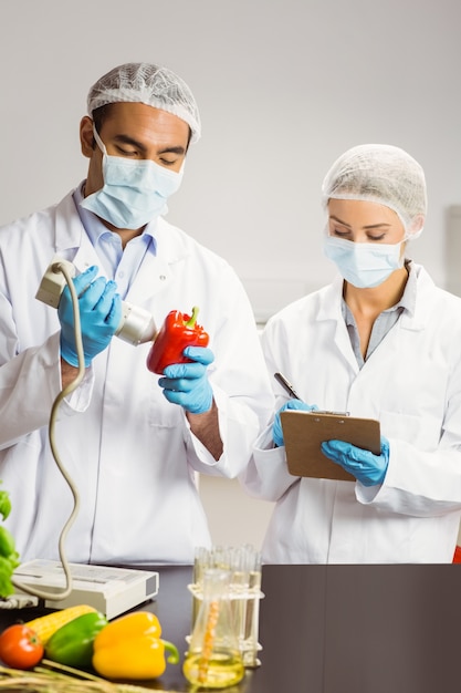 Food scientist using device on pepper