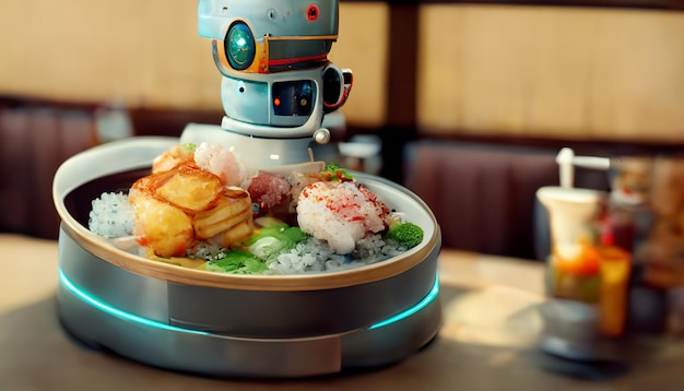 Food service robot in restaurant with Japanese food Technology and business concept