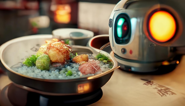 Food service robot in restaurant with Japanese food Technology and business concept