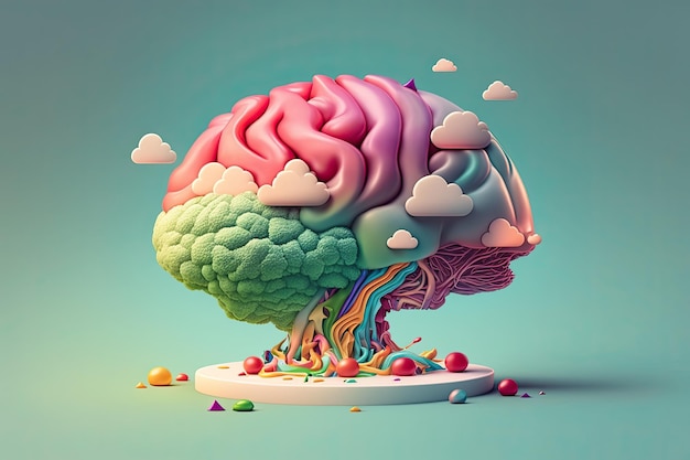 Food in a shape of a brain on a colorful background Nutrition concept Generative AI