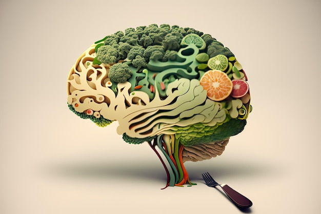 Food in a shape of a brain on a colorful background Nutrition concept Generative AI