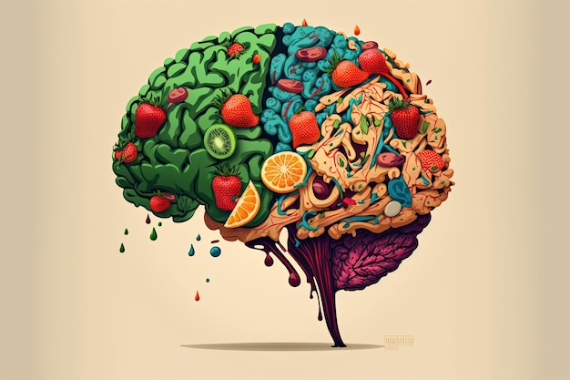 Photo food in a shape of a brain on a colorful background nutrition concept generative ai