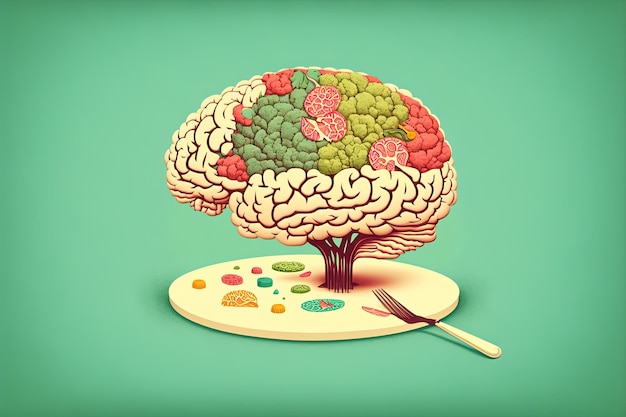 Food in a shape of a brain on a green background Nutrition concept Generative AI