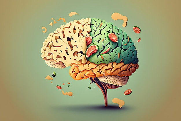 Food in a shape of a brain on a green background Nutrition concept Generative AI