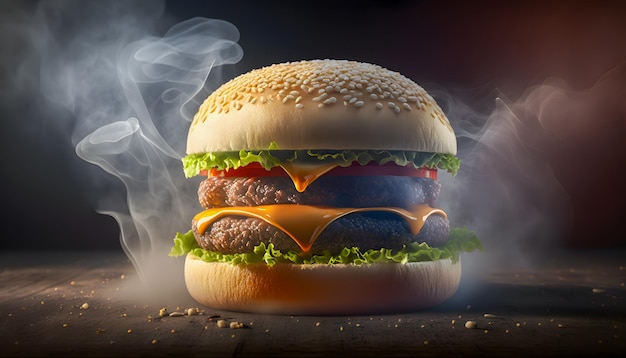 Еда курит горячий большой сэндвич с гамбургером