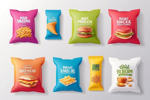 Photo food snack pillow bag mockup set vector illustration isolated on white background