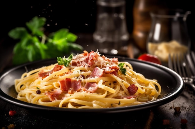 Food spaghetti pasta bacon sauce meal cheese italian meat carbonara Generative AI