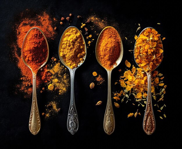 Food spices in vibrant colors in spoons on a wooden table AI generated