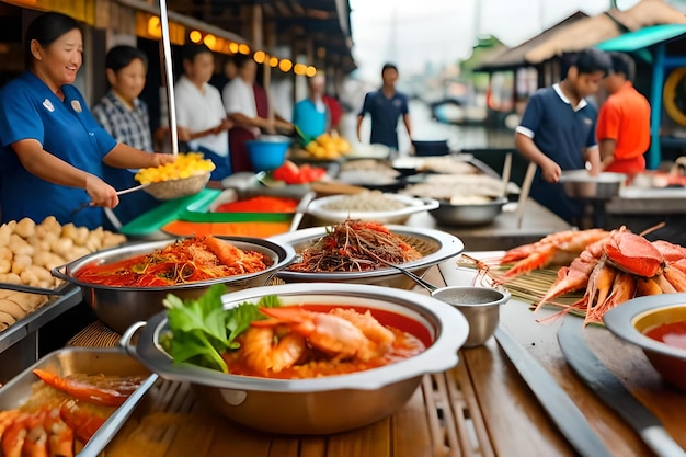 A food stall at a restaurant with a variety of seafood