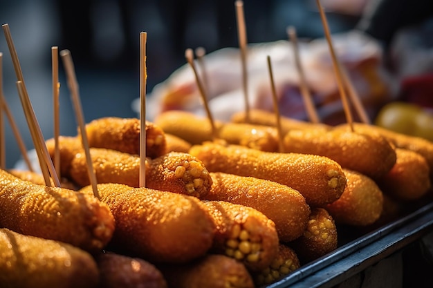 A food stall with a lot of corn dogs