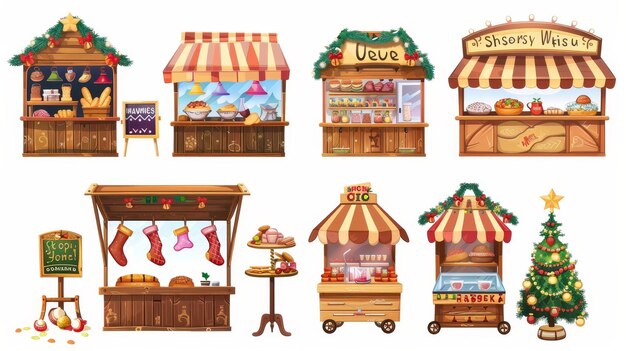 Foto food stalls set at a christmas market isolated on white background modern illustration of a gluhwein stall bakery trailer and menu board