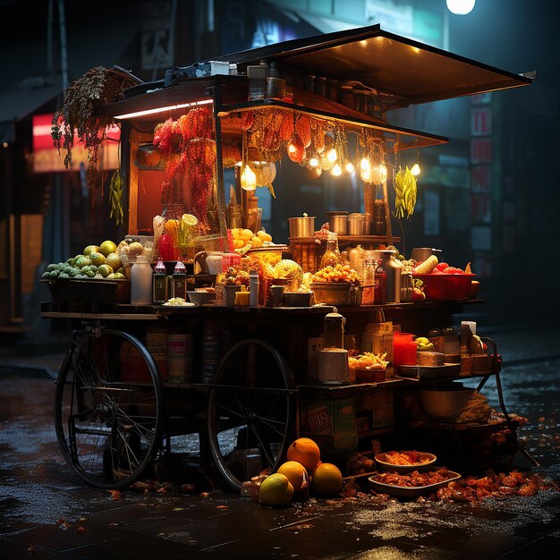 Foto un banco di cibo con un cartello che dice frutta su di esso