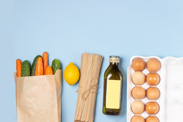 Food stock. Vegetables, eggs and pasta.