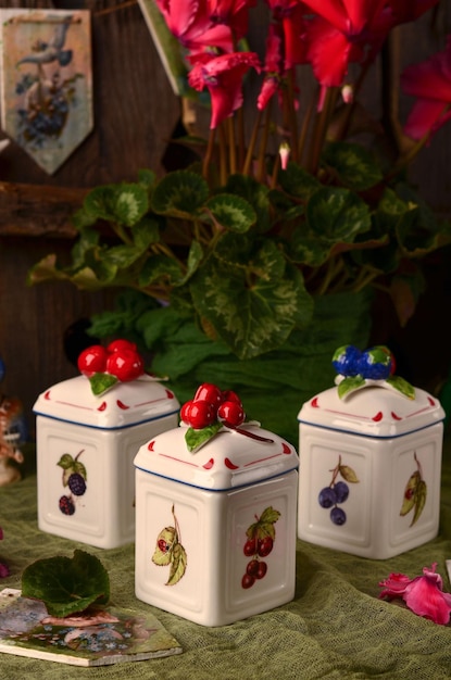 Food storage jars ceramic containers Still life with flowers and beautiful kitchen decor