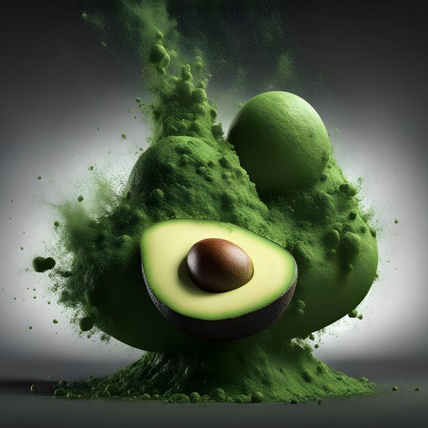 Food style of a perfect avocado in an avocado green powder explosion