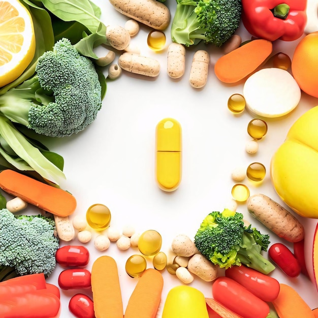 Food supplement capsule surrounded by healthy food in centered white background