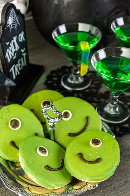 Food table arrangement prepared for Halloween party.