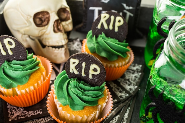 Food table arrangement prepared for Halloween party.