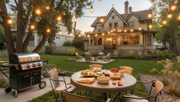 Food table in backyard of house